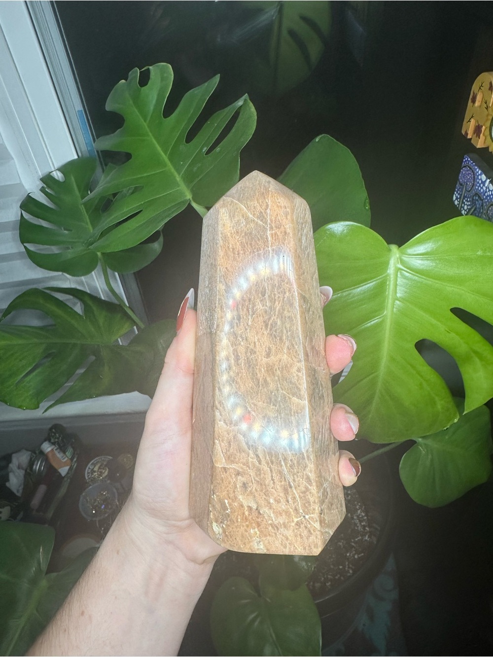 Polished Peach Moonstone Tower with Subtle Rainbow Flash